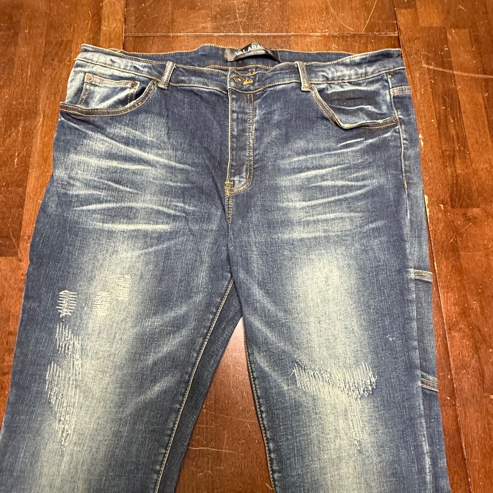 Valabasas Carpenter Jeans Mens Fits 40 Distressed Whiskered Button Utility Denim - Picture 3 of 14